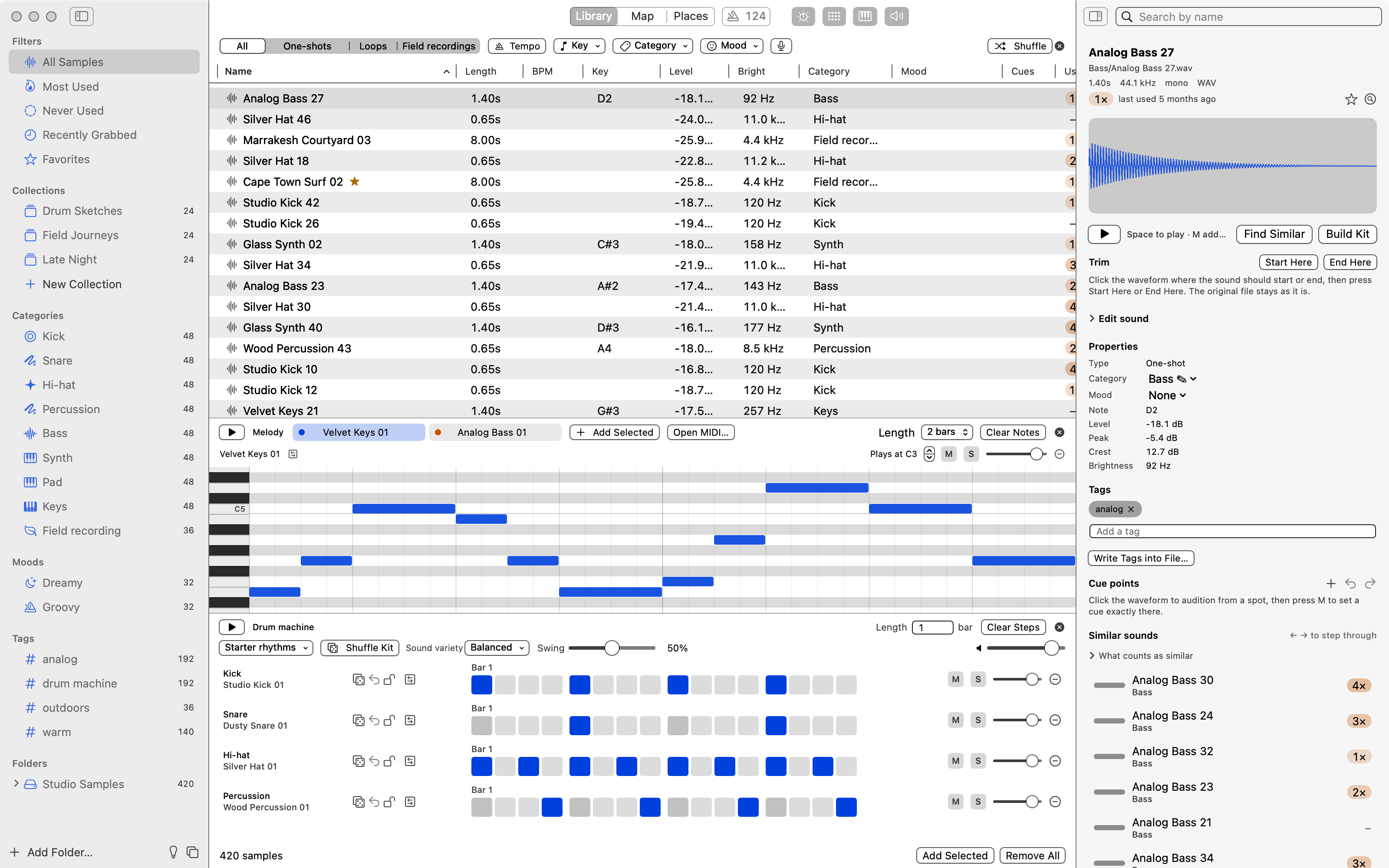 The drum machine and melody editor open together beneath Clap Studio’s sample library.