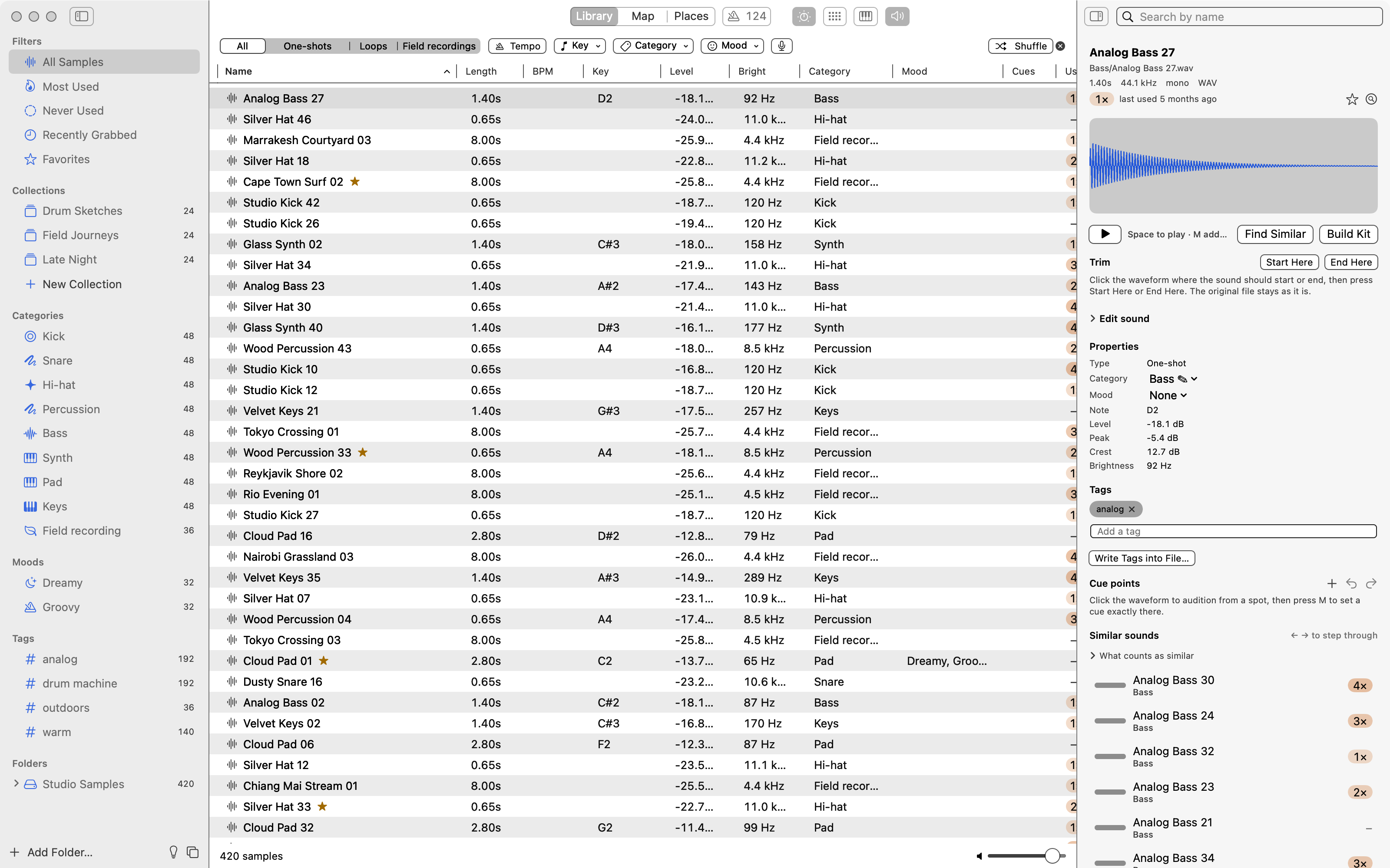 The sample library with categories, sound properties, favorites, and a waveform inspector.
