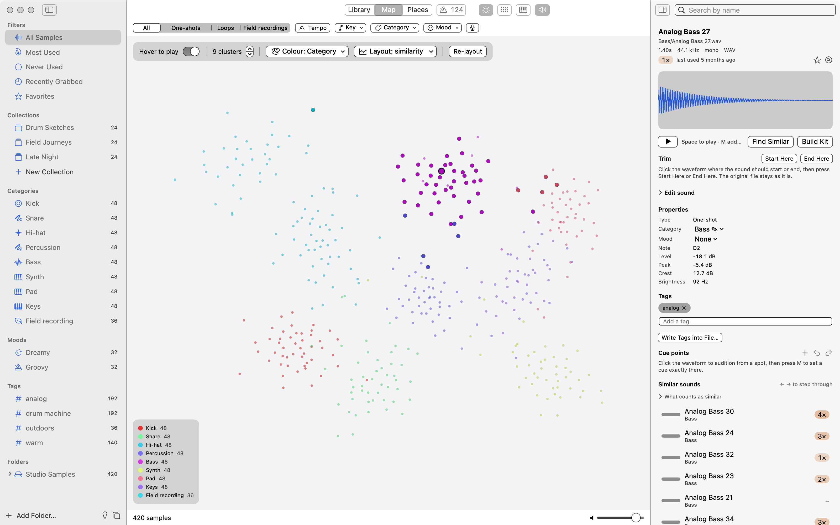 Clap Studio’s sound map, with colorful groups of similar samples and a selected sound’s waveform.