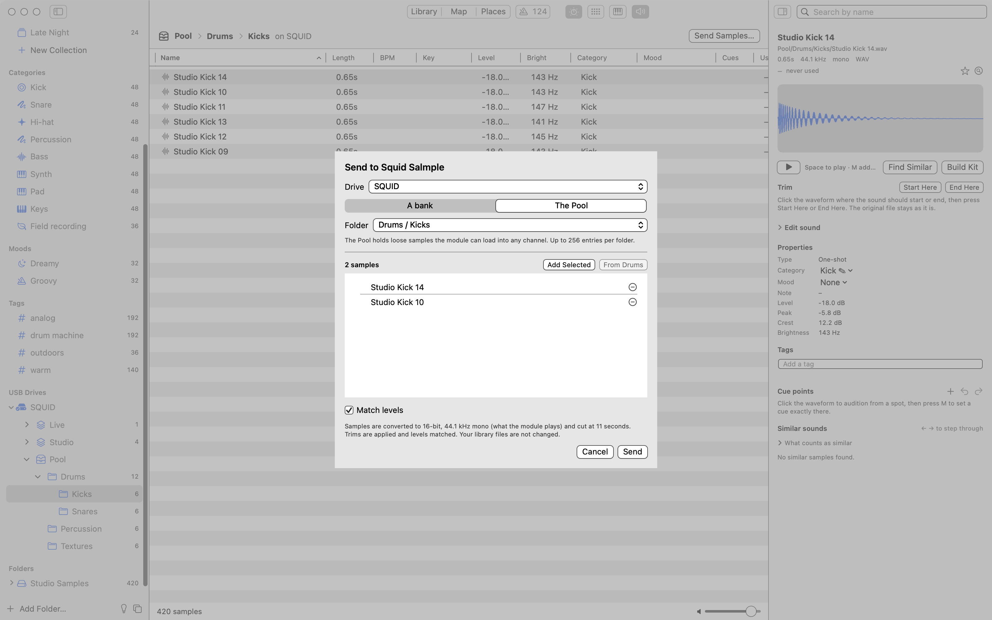 The Send to Squid Salmple sheet, choosing a Pool folder and level matching before export.